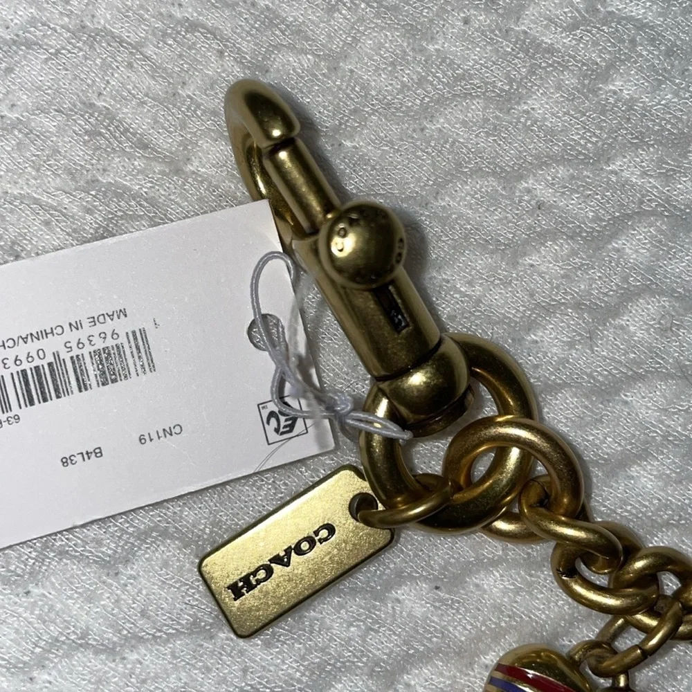 NWT Coach Motif Chain Bag Charm Rexy Tea Rose Cherries Heart Brass Mult…
